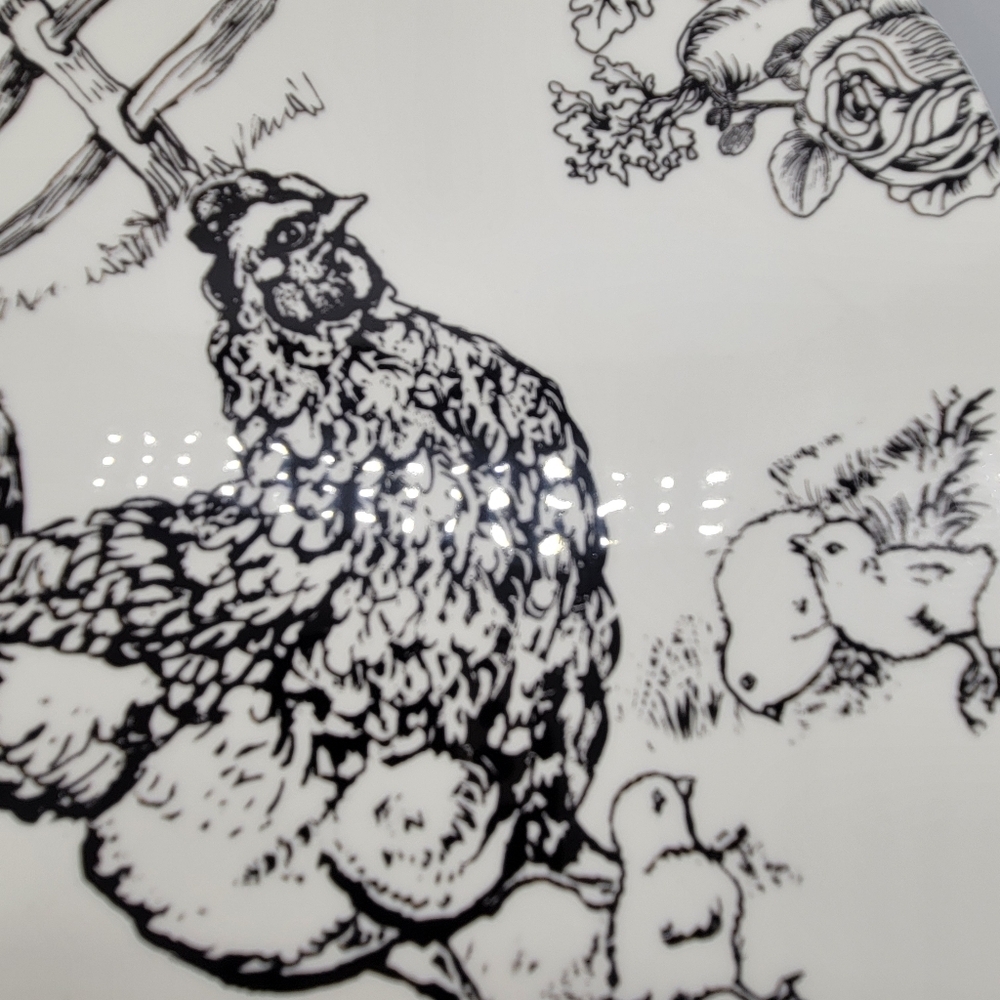 Barnyard Toile Cake Stand Plate Andrea by Sadek 13" Diameter Rooster Goose Hen - Picture 11 of 12